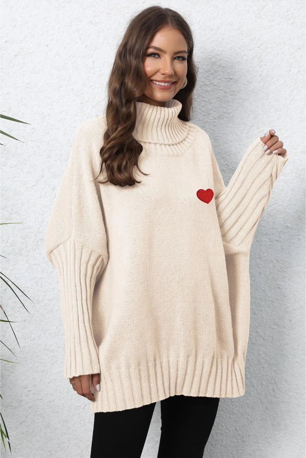 Heart Turtle Neck Long Sleeve Ribbed Sweater