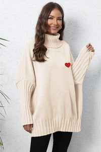 Heart Turtle Neck Long Sleeve Ribbed Sweater