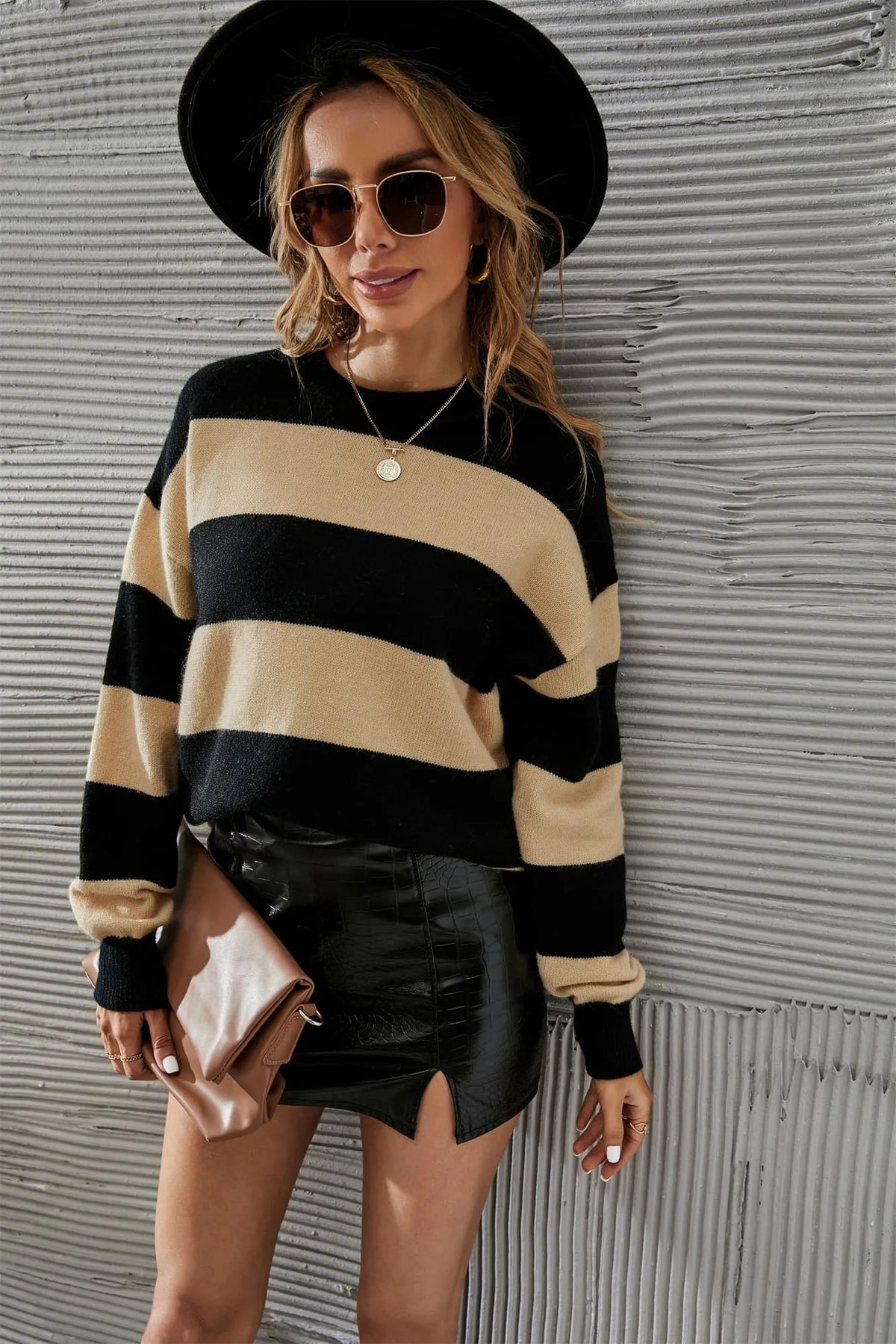 Round Neck Dropped Shoulder Sweater Apricot/Black