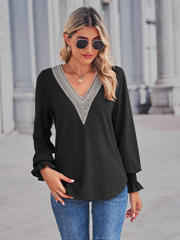 V-Neck Eyelet Flounce Sleeve Blouse