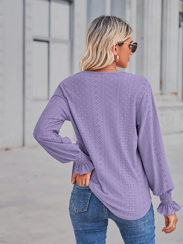 Solid Eyelet V-Neck Flounce Sleeve Blouse