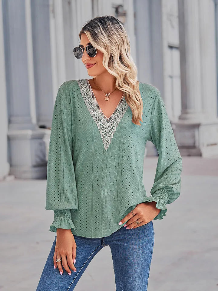 Solid Eyelet V-Neck Flounce Sleeve Blouse