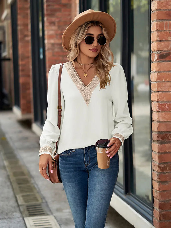 Basic style V-Neck Long Sleeve Blouse