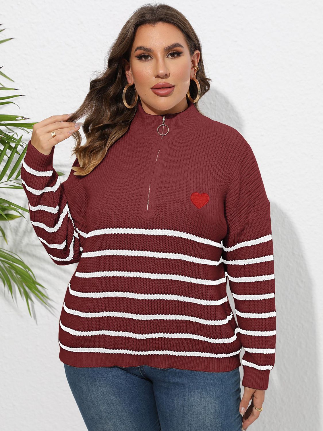 Plus Size Zip-Up Striped Sweater