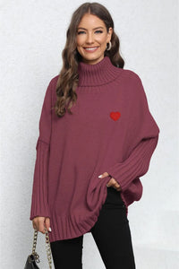 Heart Turtle Neck Long Sleeve Ribbed Sweater