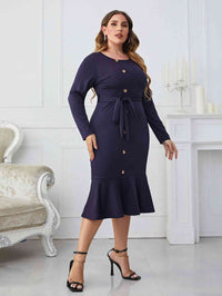 Plus Size Buttoned Round Neck Tie Belt Midi Dress