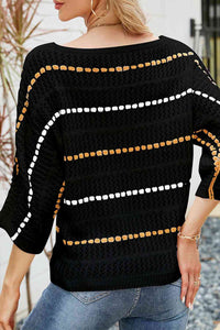 Striped Openwork Three-Quarter Sleeve Knit Top