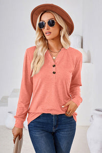 Notched Button Detail Long Sleeve T-Shirt