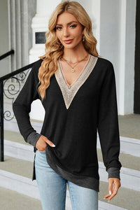 Slit V-Neck Long Sleeve T-Shirt