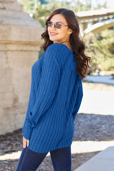 Full Size Ribbed Round Neck Long Sleeve Knit Top