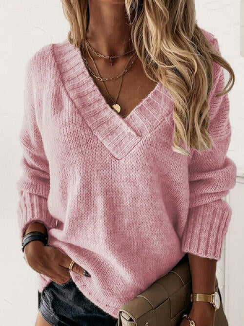 V-Neck Knit Top Long Sleeve