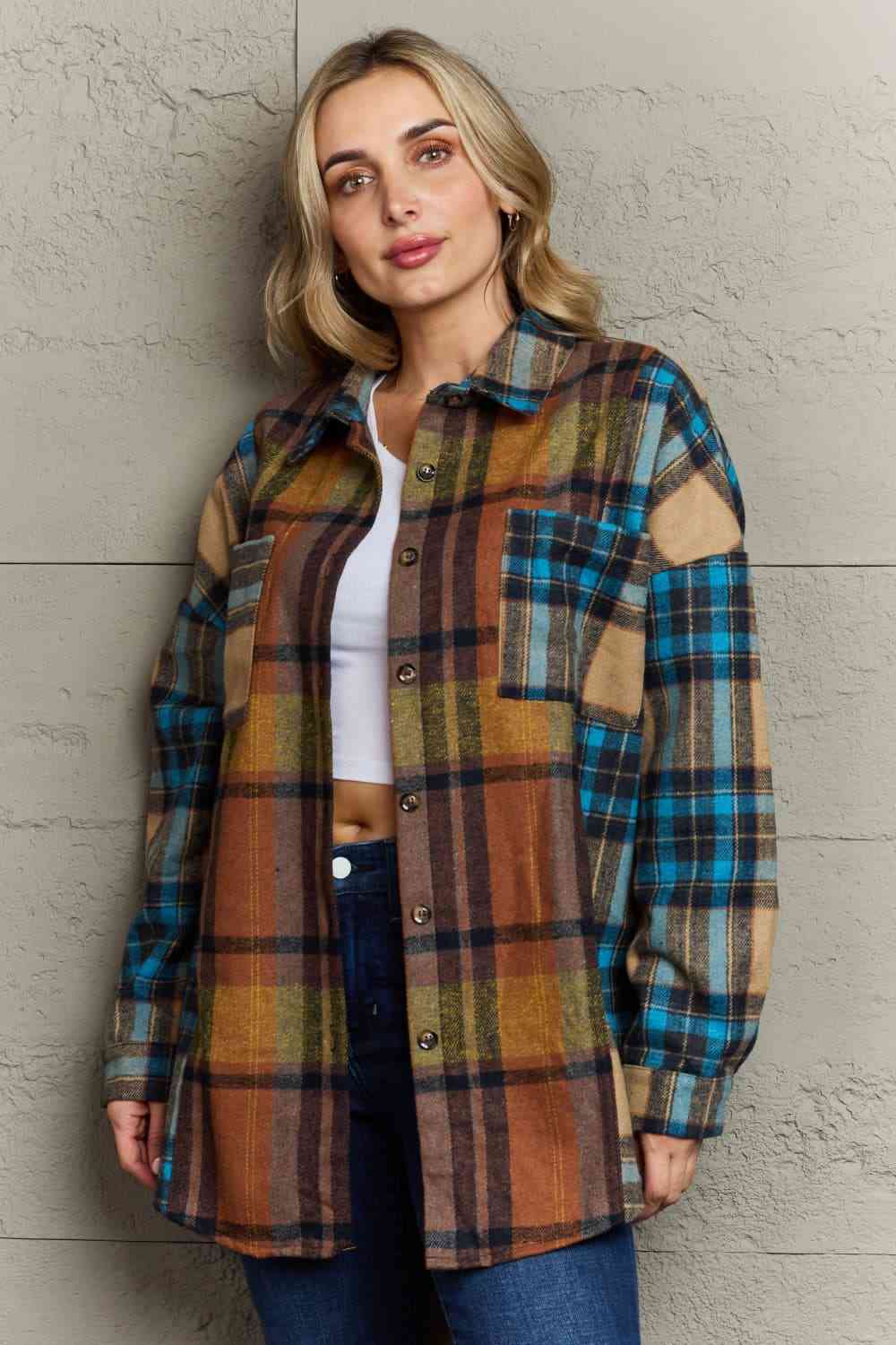 Plaid Curved Hem Shirt Jacket with Breast Pockets