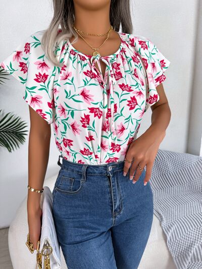 Floral Flutter Sleeve Tie Neck Blouse