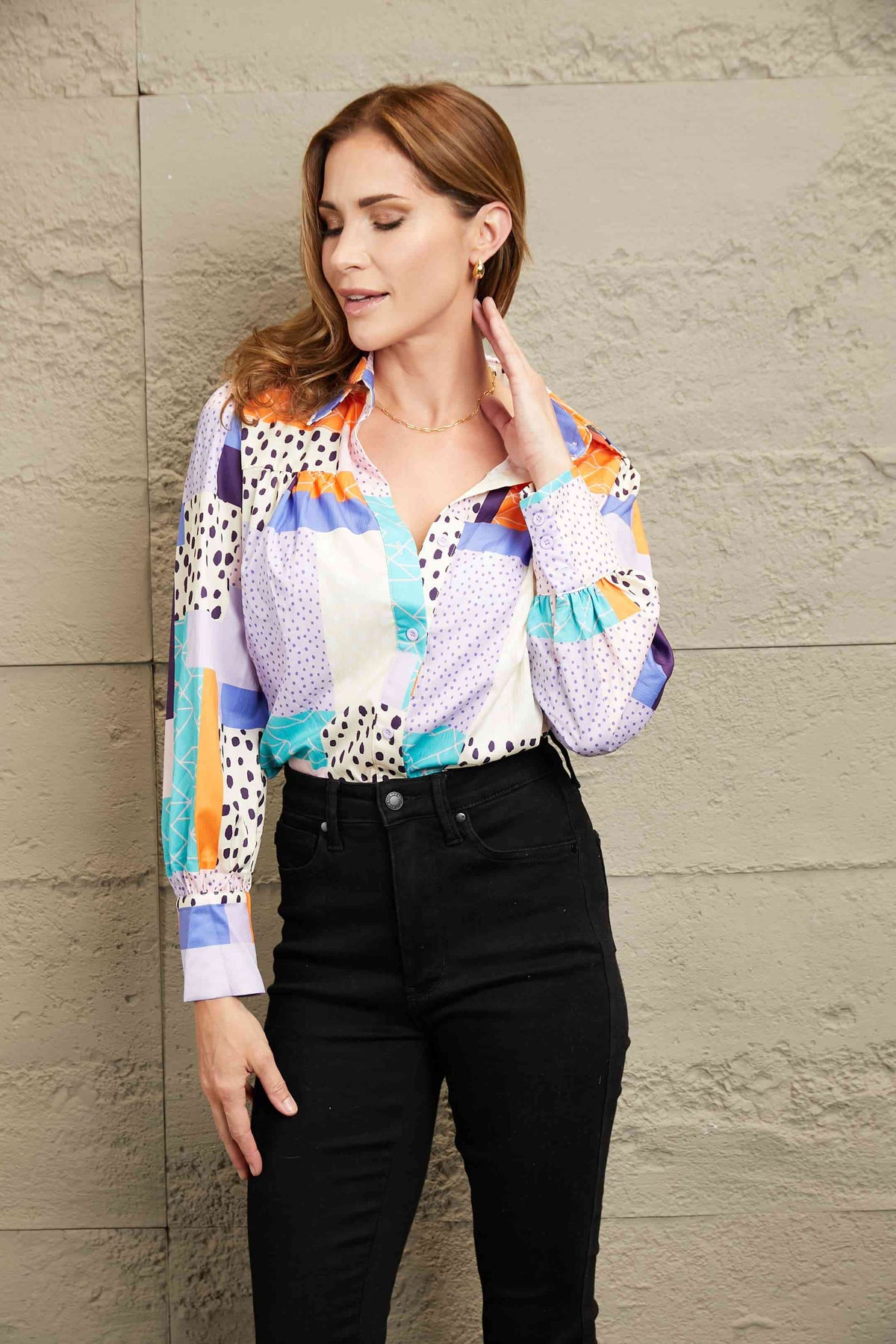 Patchwork Puff Sleeve Collared Shirt