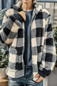 Full Size Plaid Long Sleeve Hooded Coat