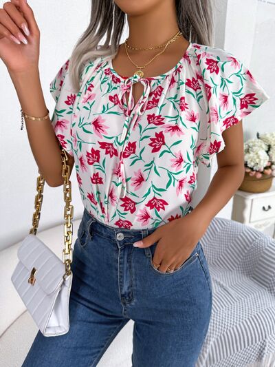 Floral Flutter Sleeve Tie Neck Blouse