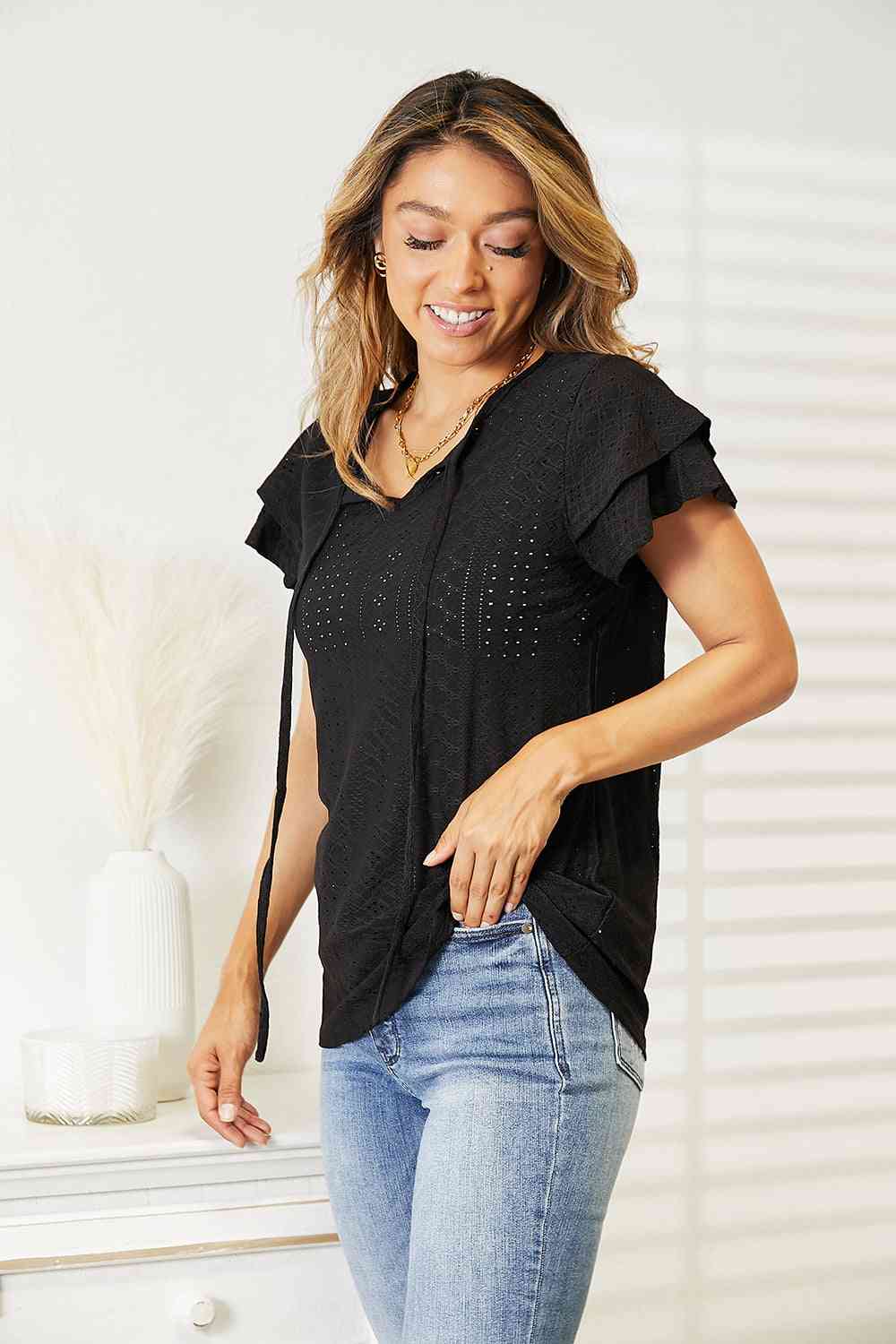 Black Eyelet Tie-Neck Blouse