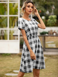 Smocked Plaid Round Neck Short Sleeve Dress