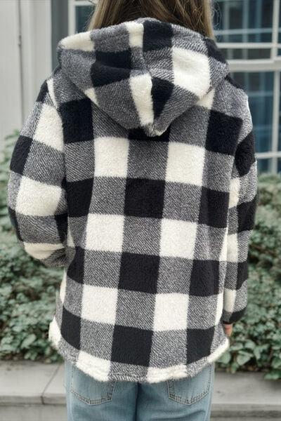 Full Size Plaid Long Sleeve Hooded Coat