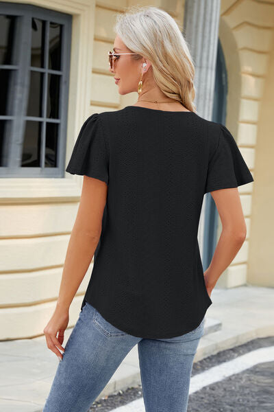 Eyelet Square Neck Short Sleeve T-Shirt