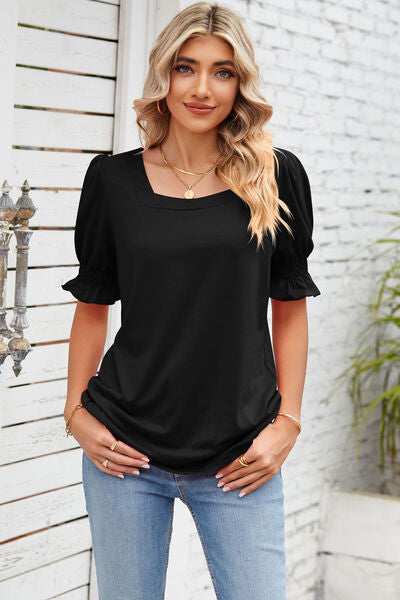 Smocked Square Neck Short Sleeve T-Shirt