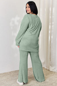 Full Size Ribbed High-Low Top and Wide Leg Pants Set