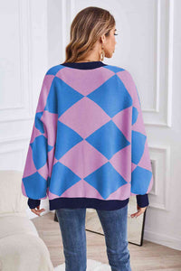 Geometric Lantern Sleeve Cardigan with Pockets