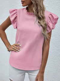 Mock Neck Ruffled Cap Sleeve Blouse