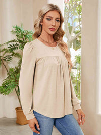 Ruched Round Neck Long Sleeve Blouse