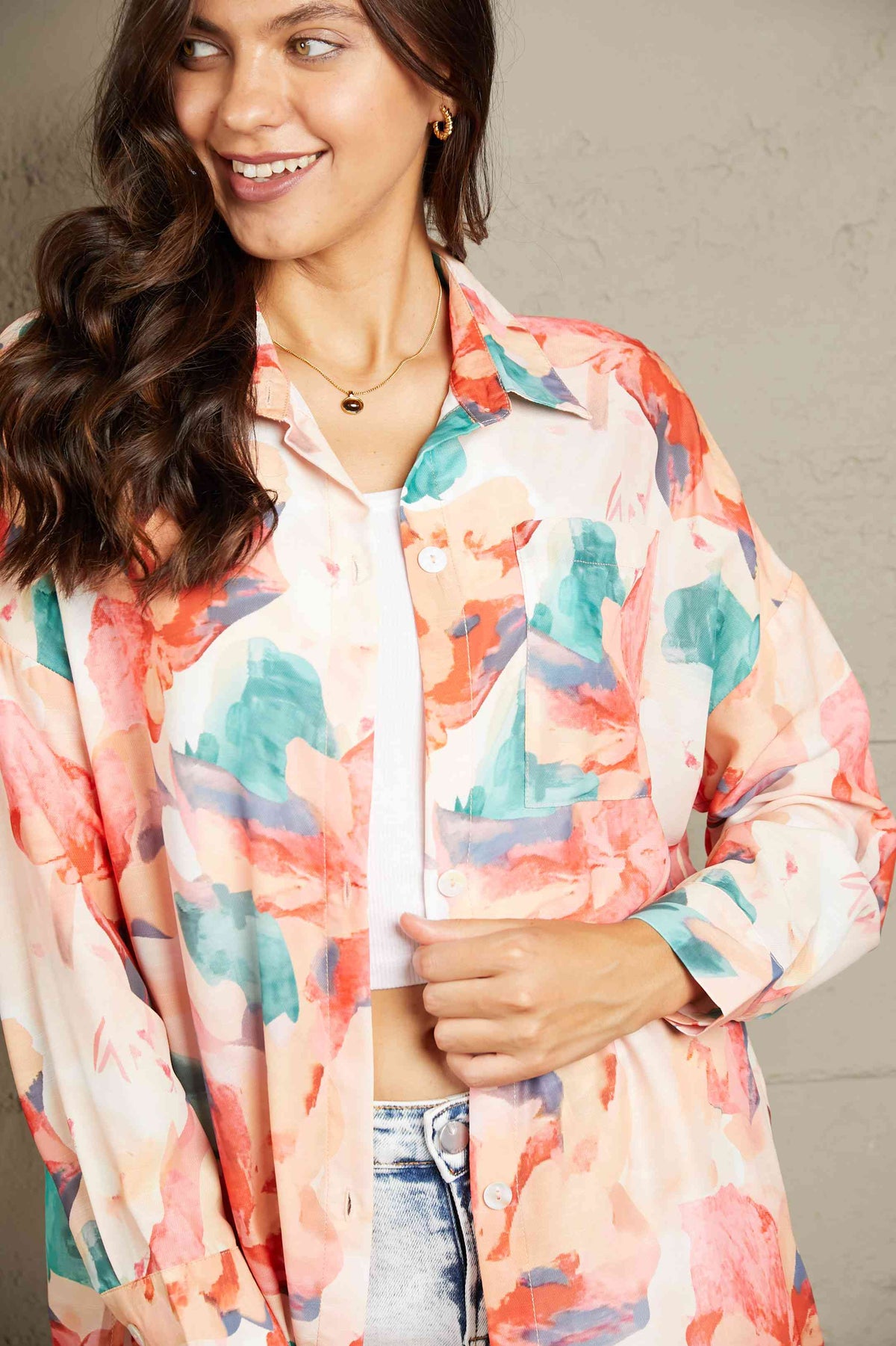 Floral Long Sleeve Slit Longline Shirt