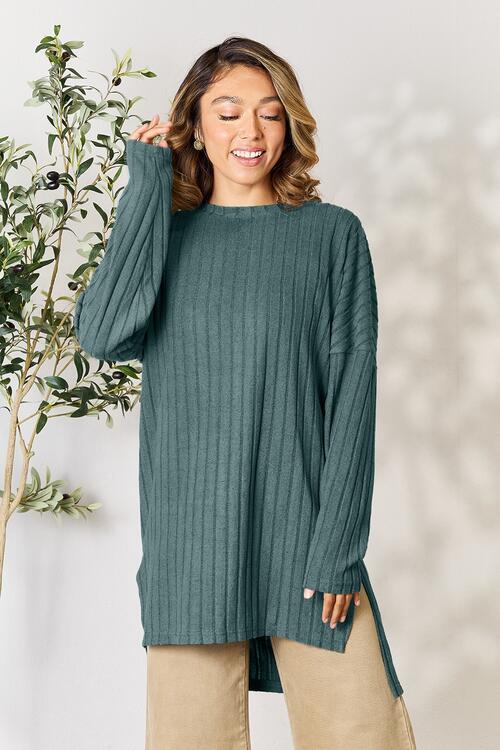 Full Size Ribbed Round Neck Long Sleeve Slit Top