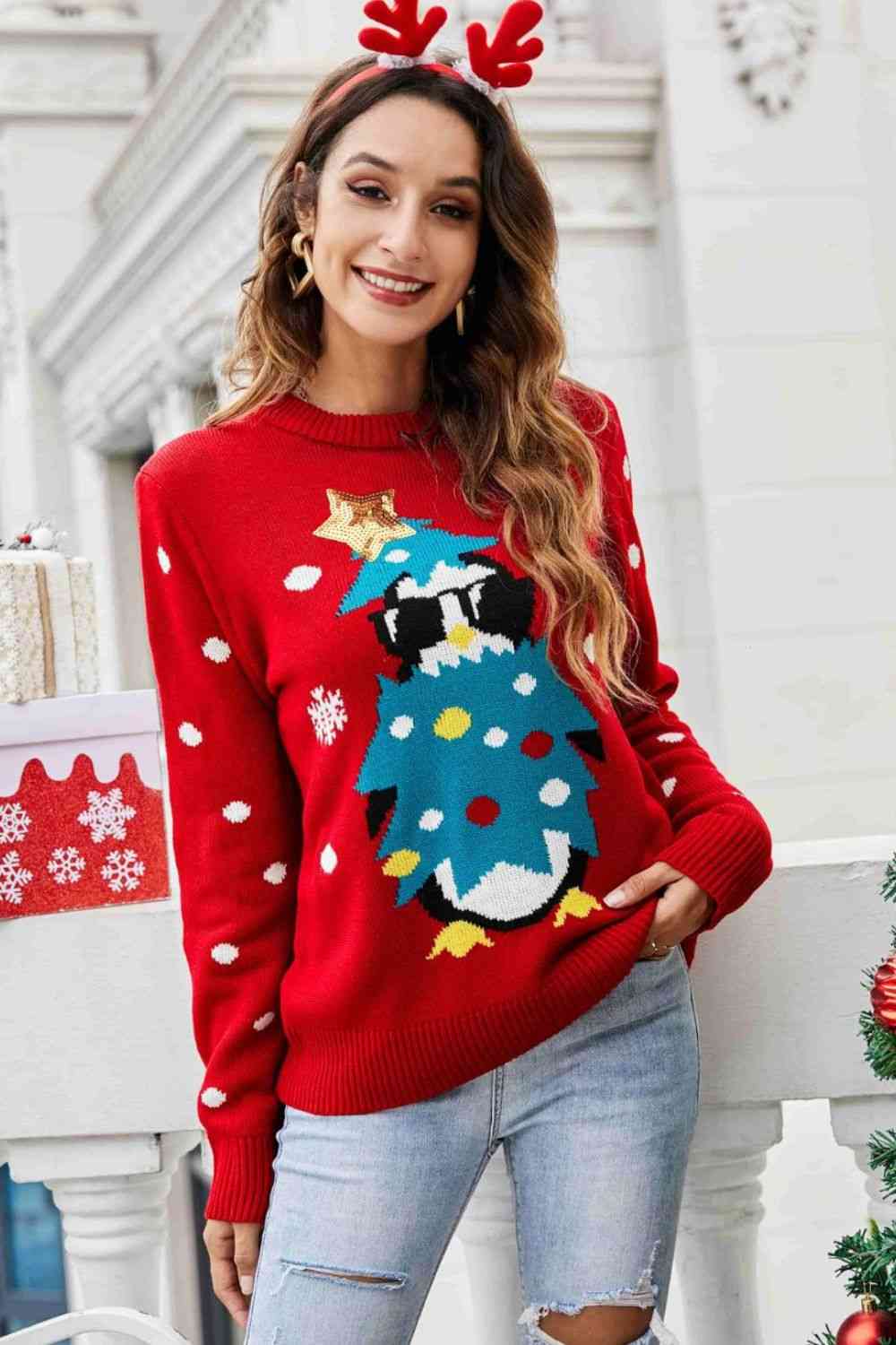 Christmas Penguin Graphic Sequin Sweater