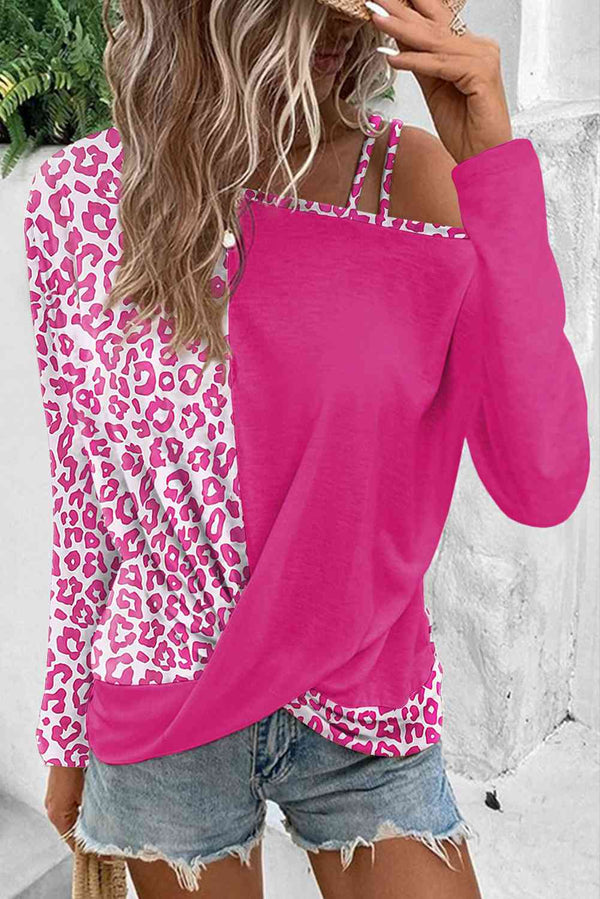 Leopard Asymmetrical Neck Long Sleeve Blouse