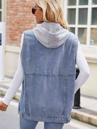 Drawstring Hooded Sleeveless Denim Jacket