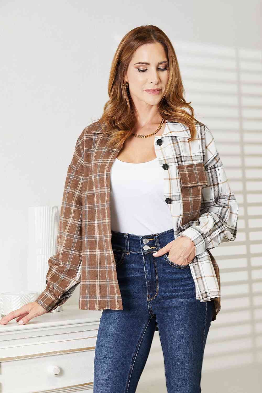 Plaid Contrast Button Up Shirt Jacket