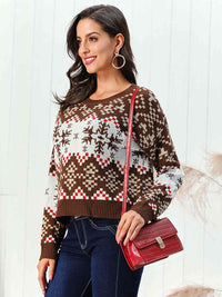 Snowflake Pattern Round Neck Sweater Chestnut