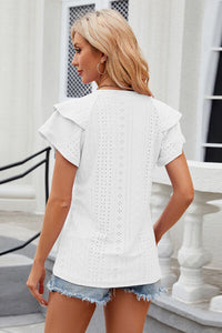 Notched Short Sleeve Eyelet T-Shirt