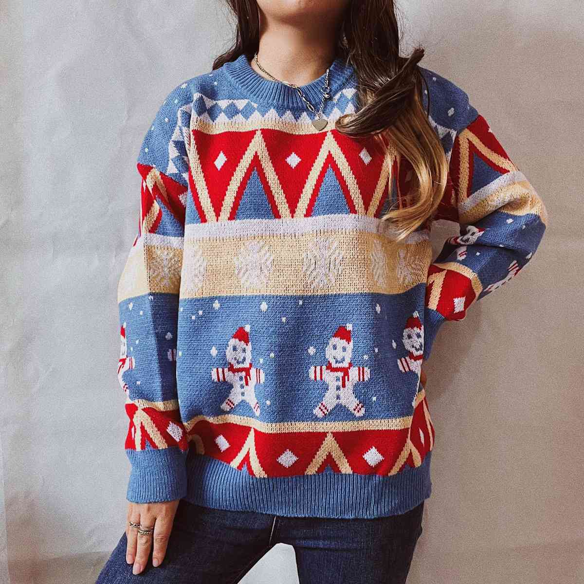 Printed Snowmen Round Neck Long Sleeve Sweater