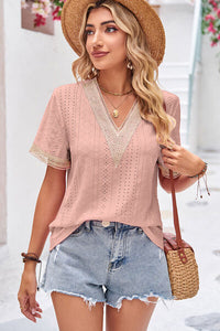 Eyelet V-Neck Short Sleeve T-Shirt