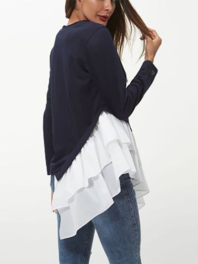 Tiered Contrast Round Neck Long Sleeve T-Shirt