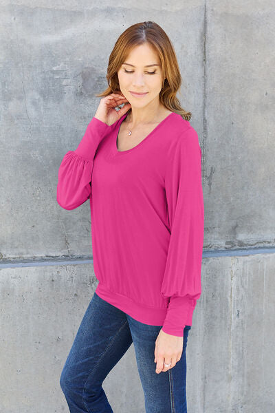 Full Size V-Neck Lantern Sleeve Top