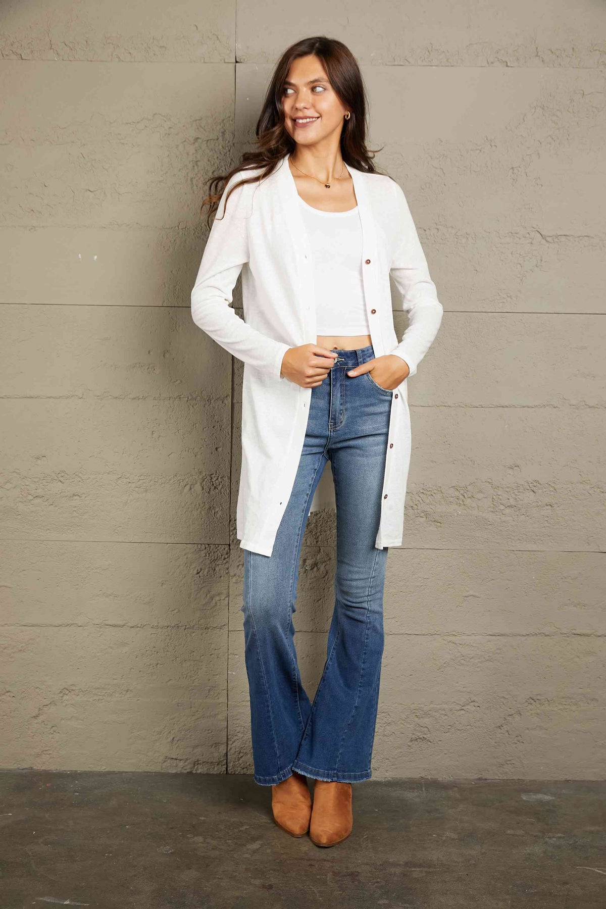 Button Down Long Sleeve Longline Cardigan