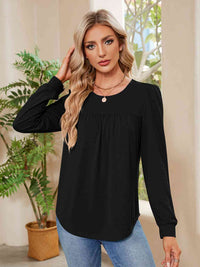 Ruched Round Neck Long Sleeve Blouse