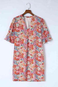 Floral Notched Neck Flounce Sleeve Shift Dress