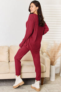 Full Size Notched Long Sleeve Top and Pants Set