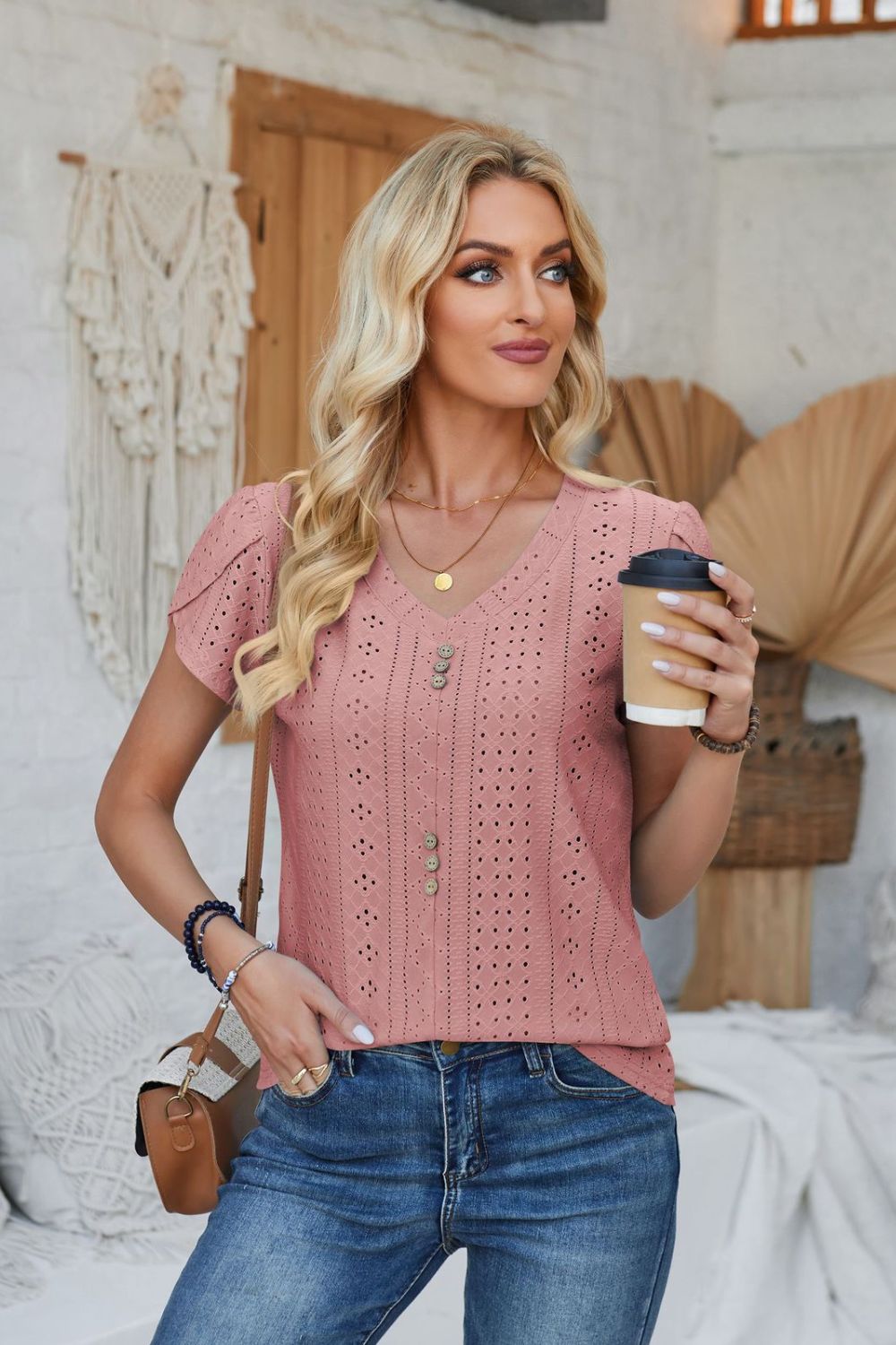 Decorative Button Eyelet V-Neck Short Sleeve T-Shirt