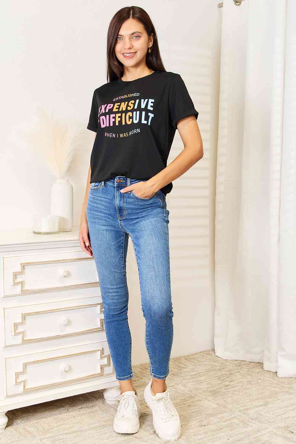 Slogan Graphic Cuffed Sleeve T-Shirt