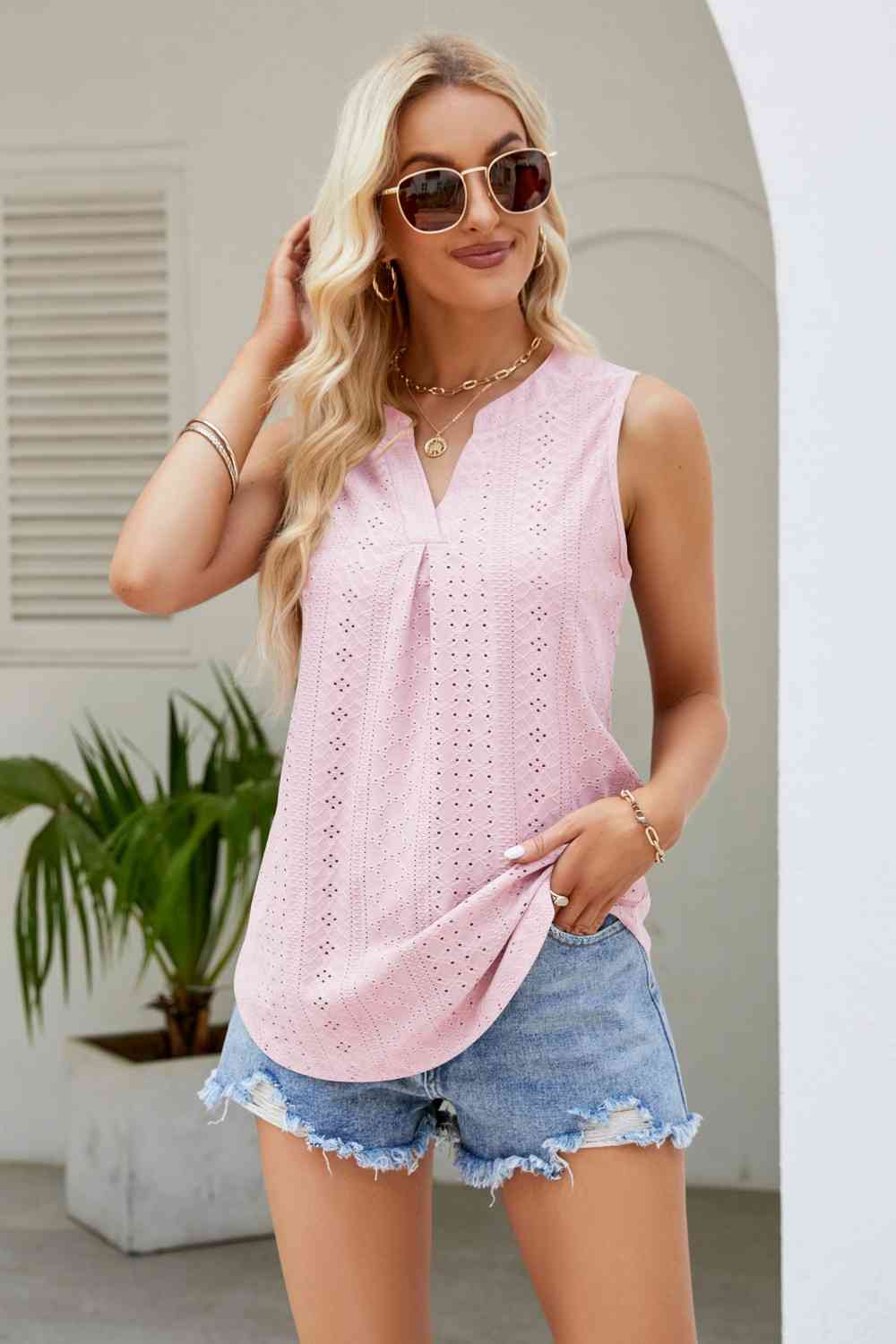 Notched Neck Curved Hem Eyelet Tank