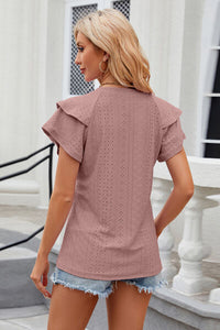 Notched Short Sleeve Eyelet T-Shirt