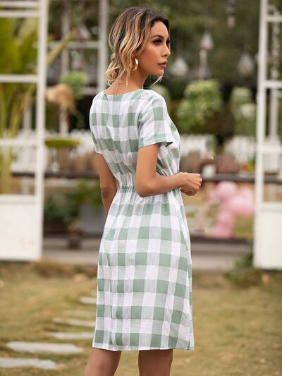 Smocked Plaid Round Neck Short Sleeve Dress